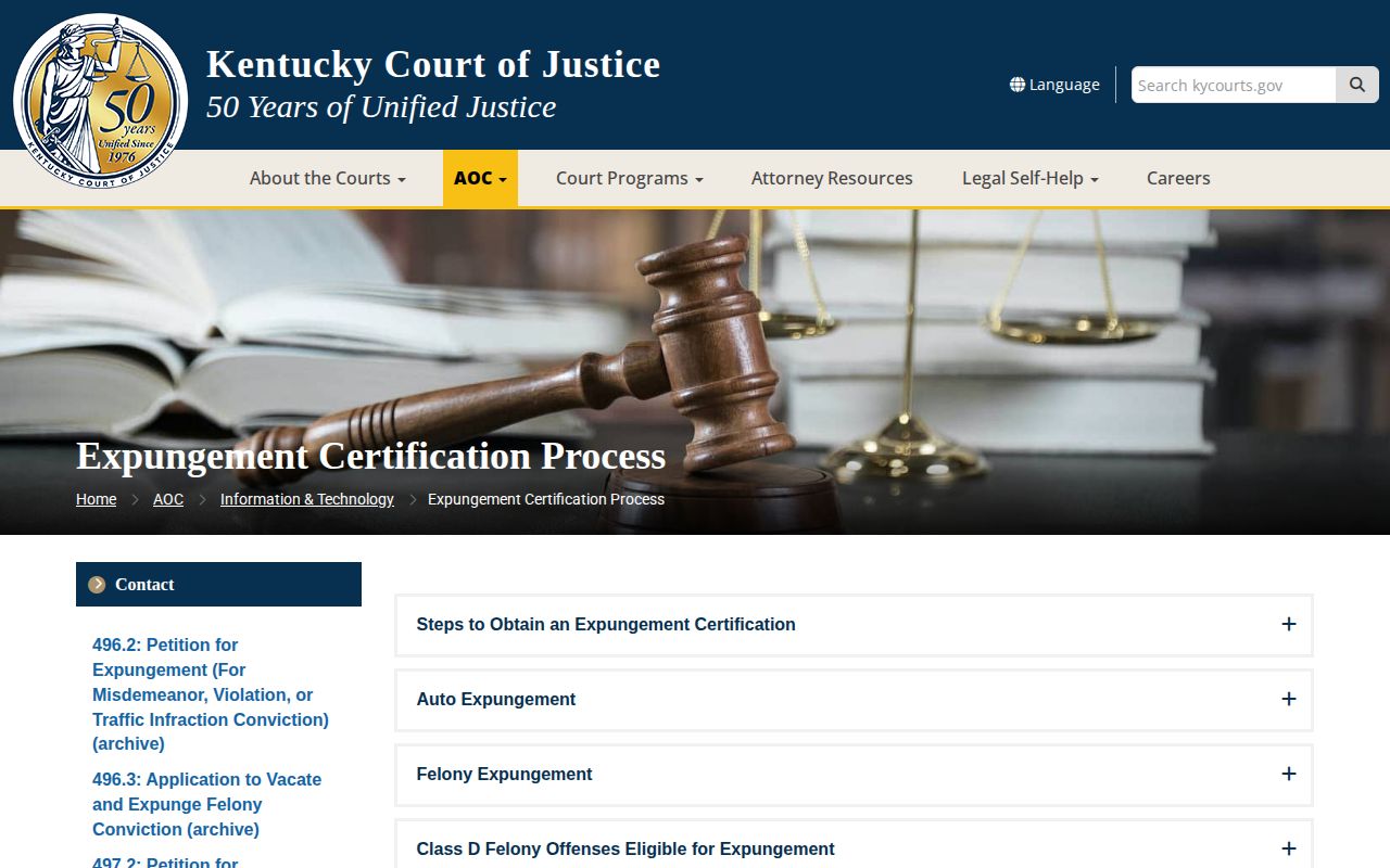 Kentucky Court of Justice expungement information