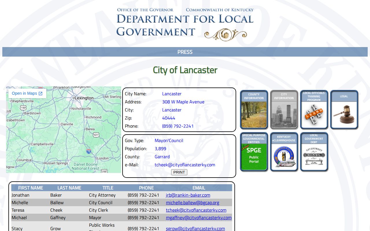 Kentucky official Lancaster city profile